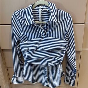 Veronica Beard Navy and White Striped Button Down Shirt Wrap Corset look